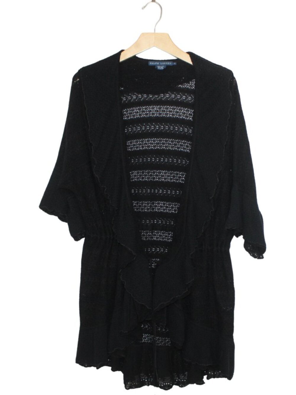 Ralph Lauren black crochet cardigan silk linen blend boho ruffle short sleeve